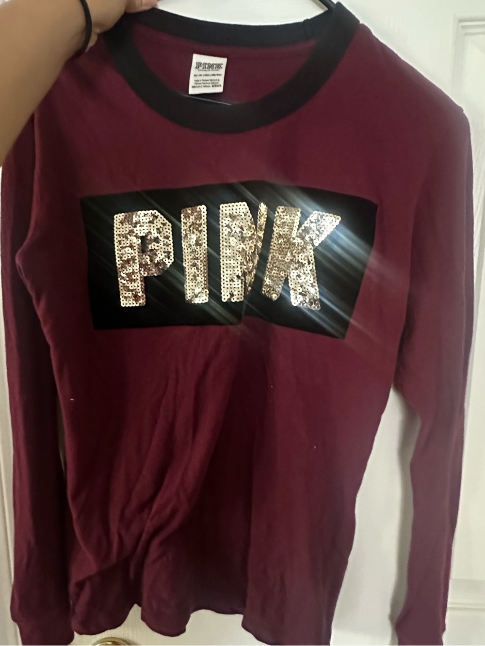 PINK Victoria's Secret Burgundy Long Sleeve Sequin Logo Tee